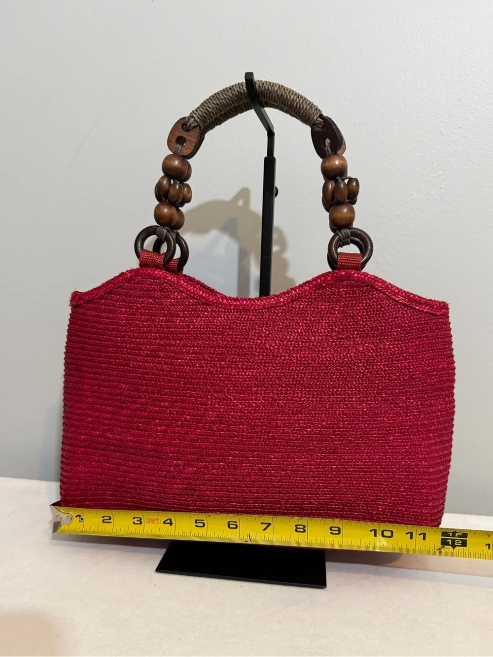 Vintage Red Woven Rattan Tote Bag Wood Beaded Handle Top Handle Boho Retro Purse